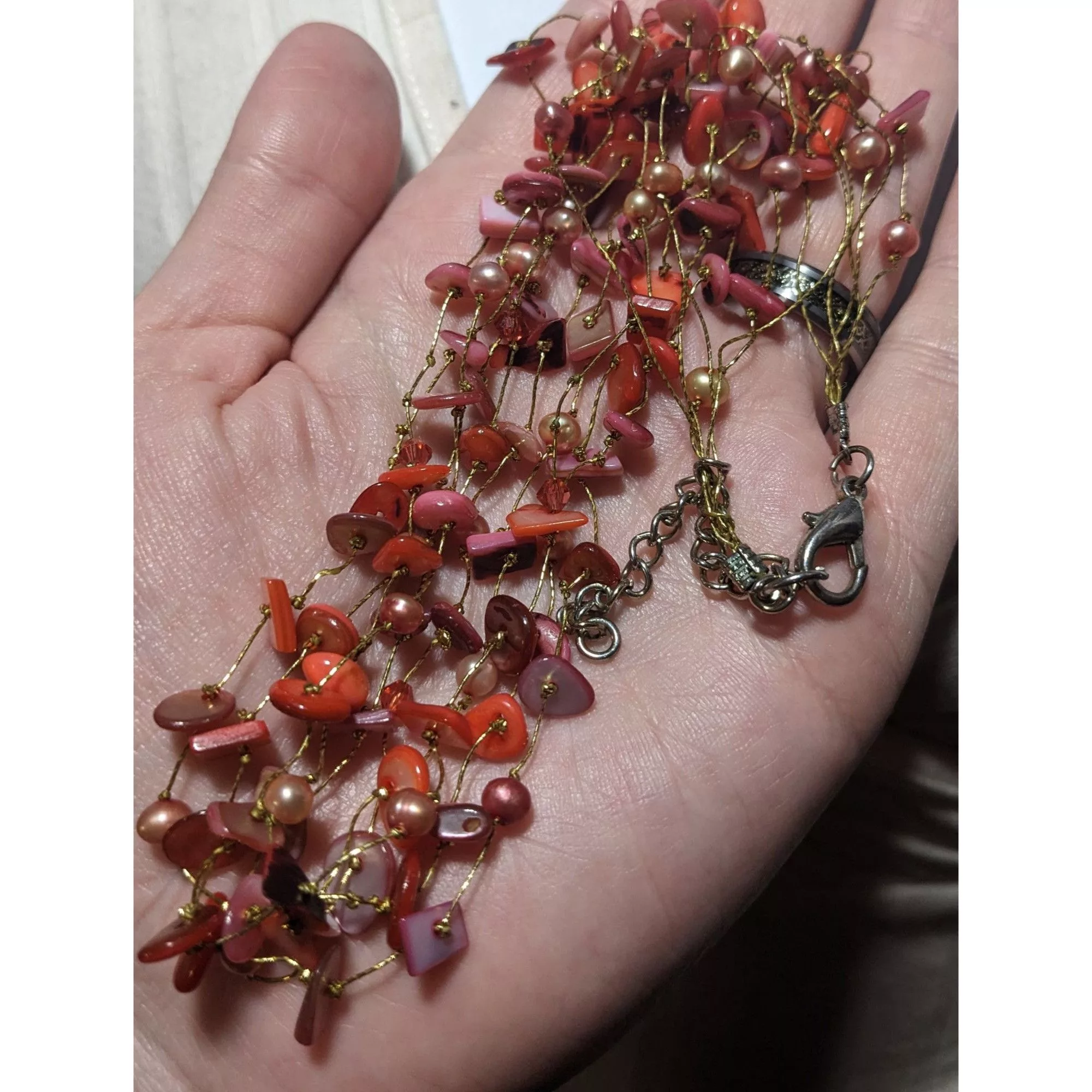 Other Necklaces Other Multi-Strand Pink Shell Chip And Pearl Necklace