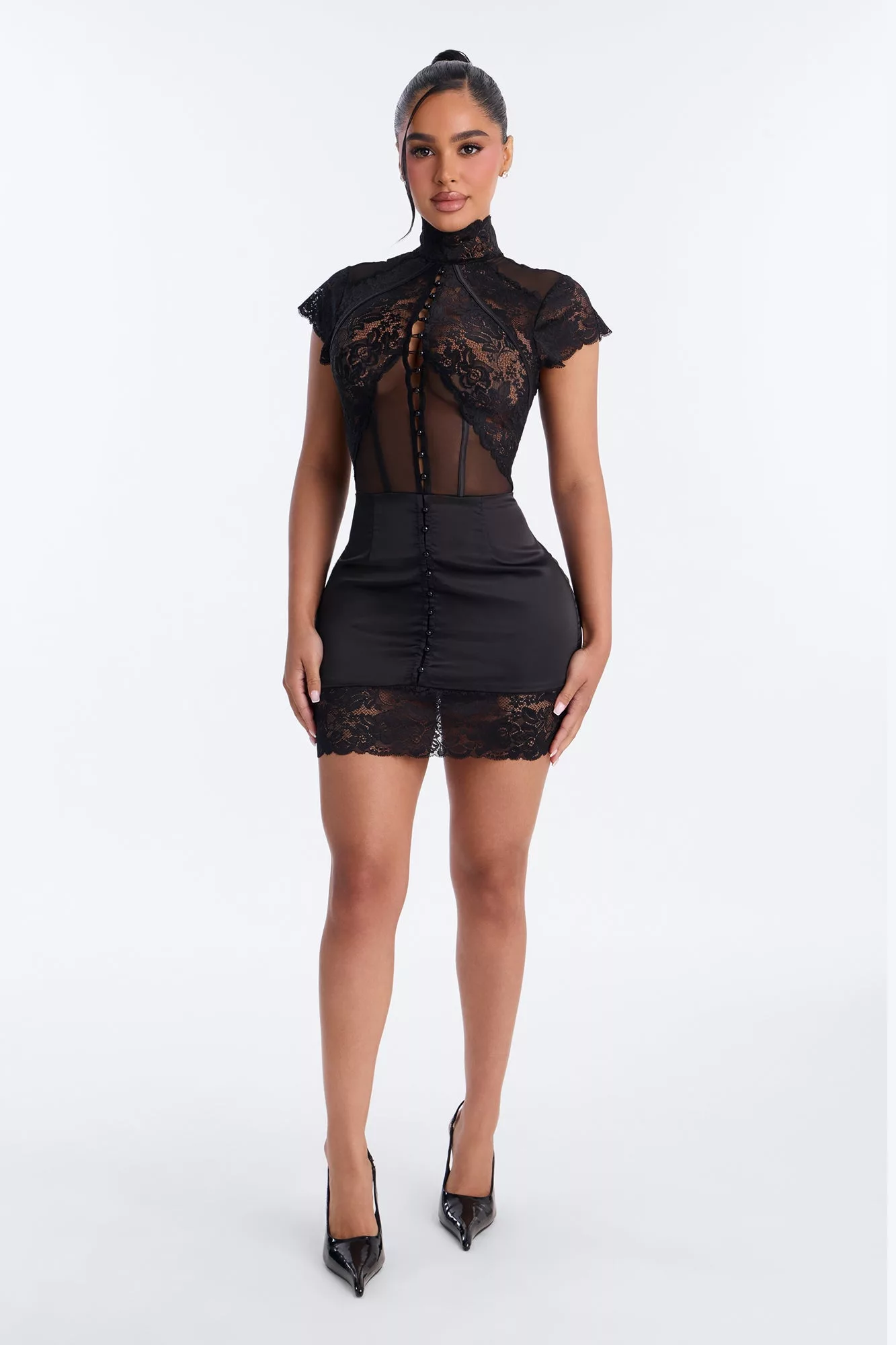 Mirabel Lace Button Up Mini Dress - Black