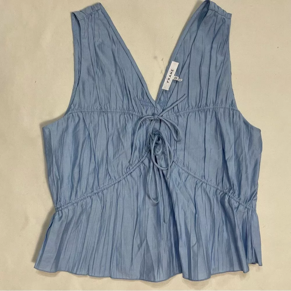 Frame Blouses New Frame Tie Front Cinched Crinkle Light Blue Blouse Tank