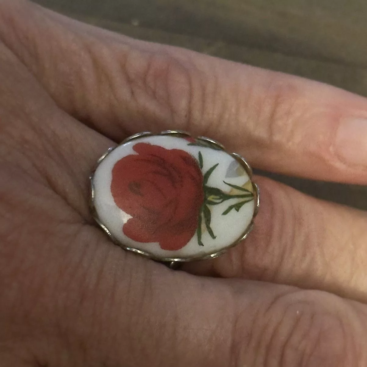 Vintage Rings Vintage porcelain painted rose cuff ring Silver