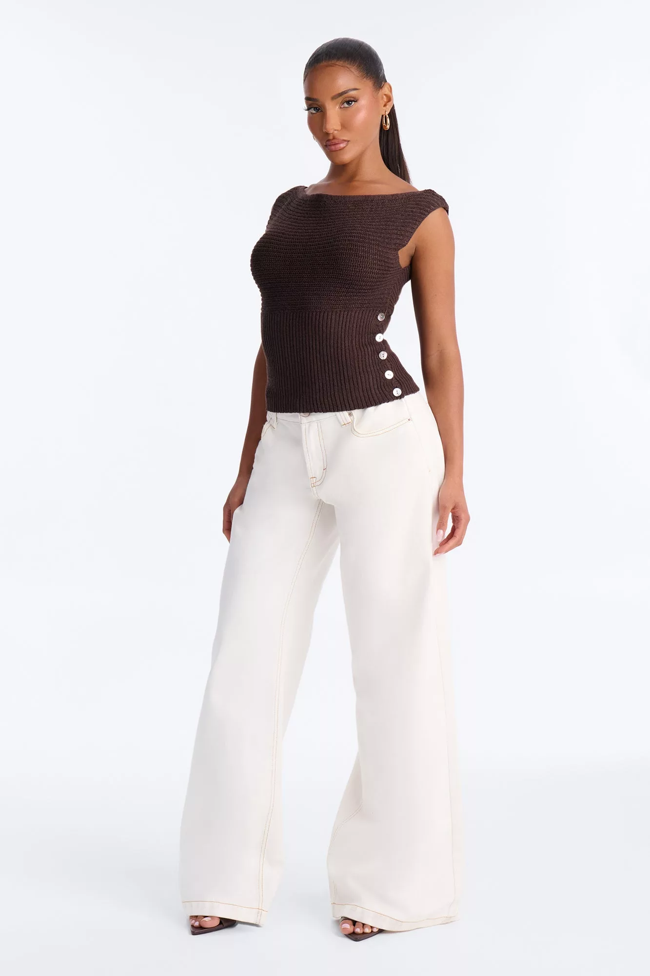 Cool Breeze Boat Neck Sweater Top - Chocolate