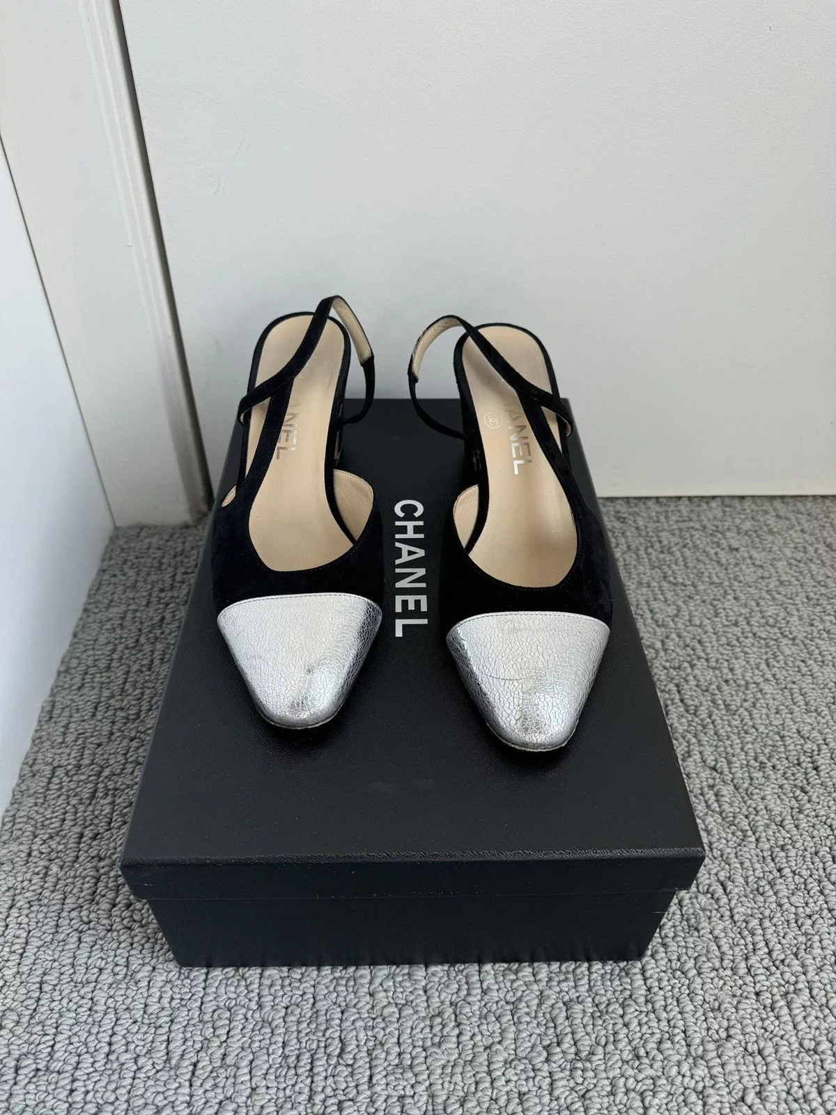 Chanel Heels Chanel Women’s Cap Toe Slingback Pumps Suede Black