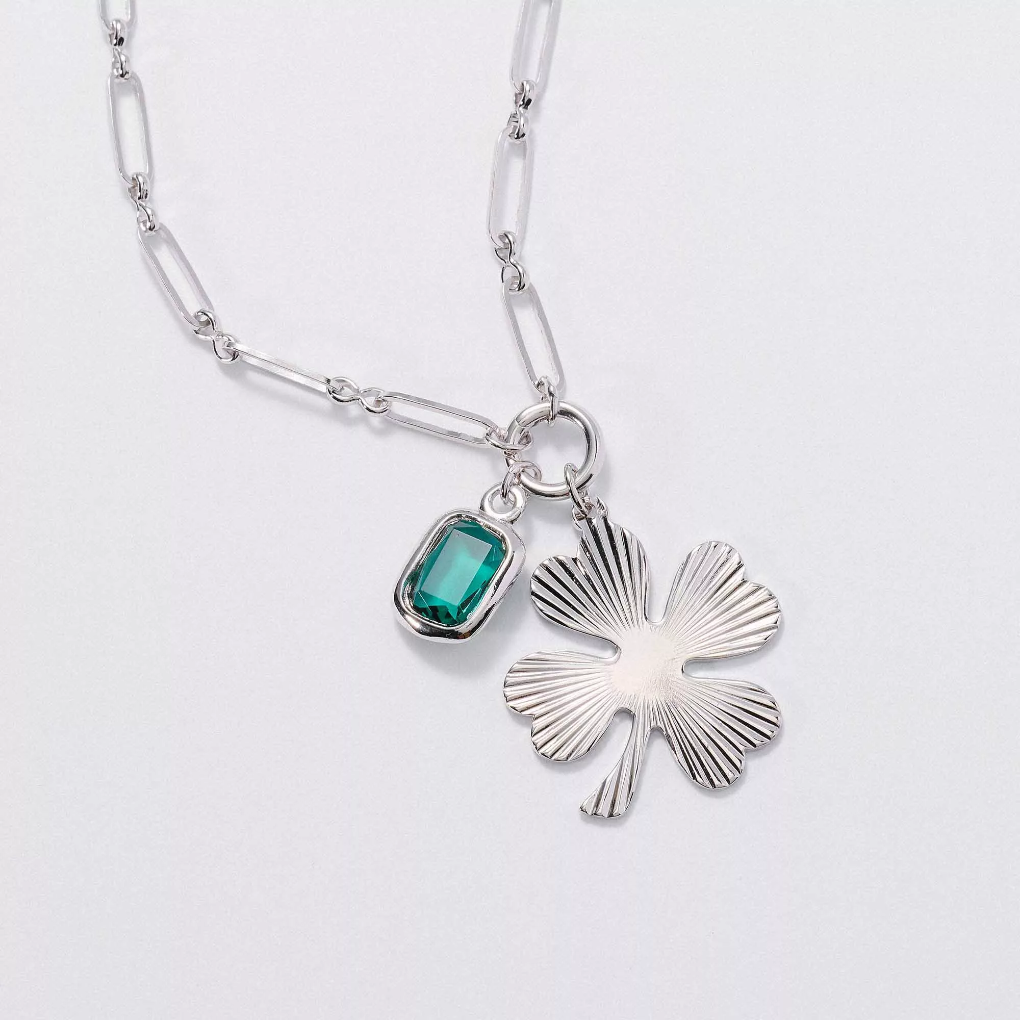 &LIVY Good Things Grow Expandable Necklace Set in silver with Shine On Clover charm and emerald crystal pendant on paperclip intention chain