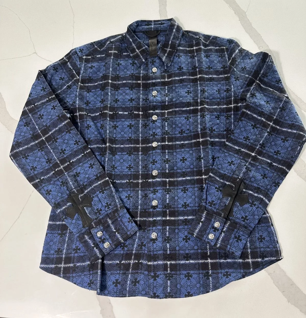 Chrome Hearts Shirts Button Ups 🔥Chrome Hearts Blue Cross Print Silver Button Shirt🔥