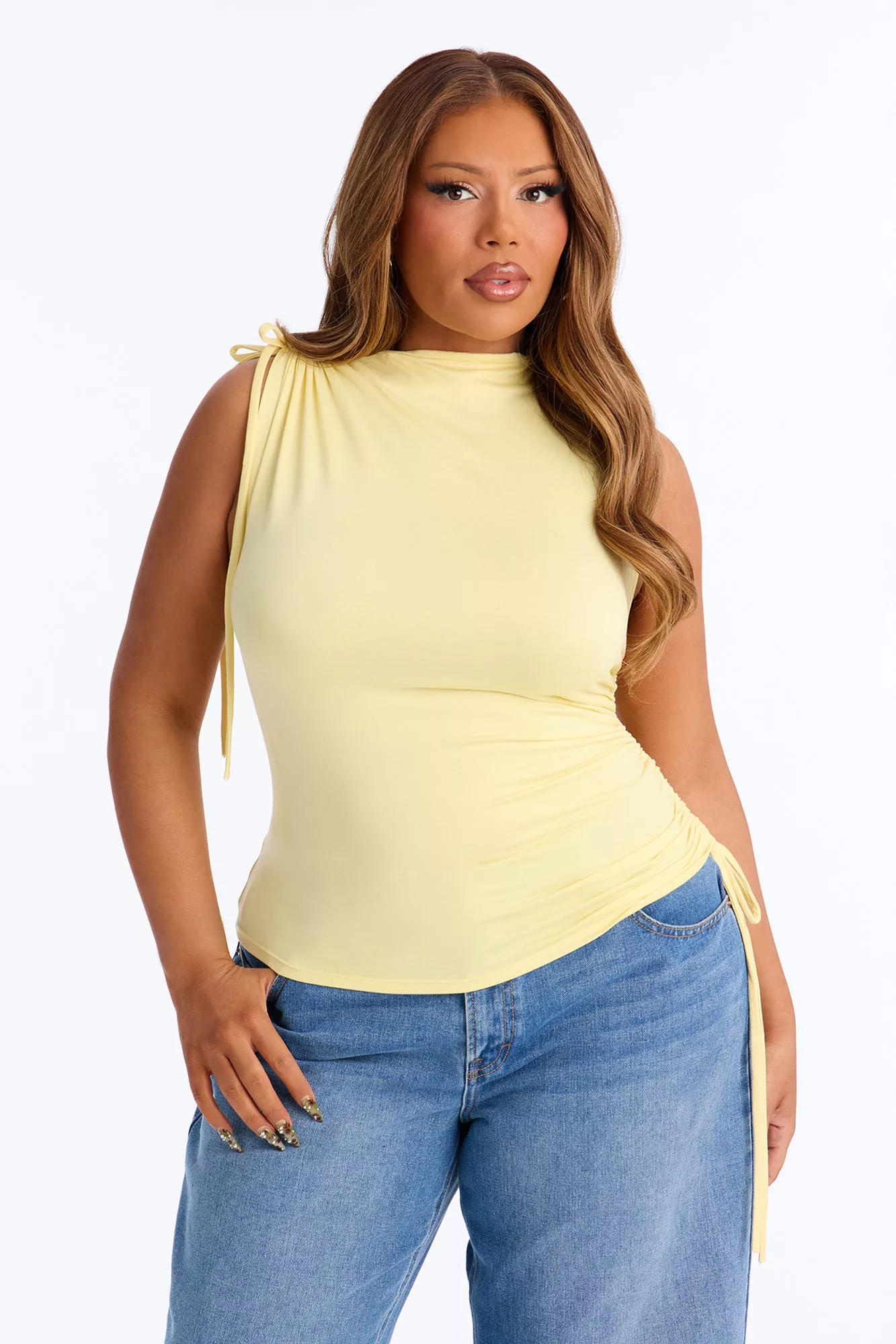 Devon Ruched Drawstring Mock Neck Top - ButterYellow