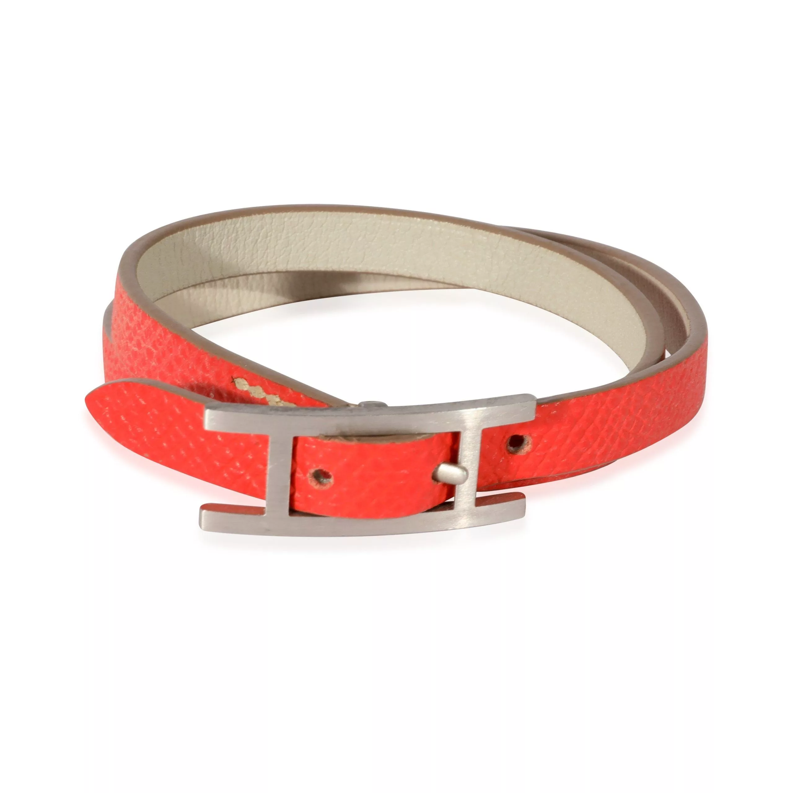 Hermes Rings Hermes Hermès Behapi Double Tour Bracelet Orange Minium Nata Swift Leather Silver