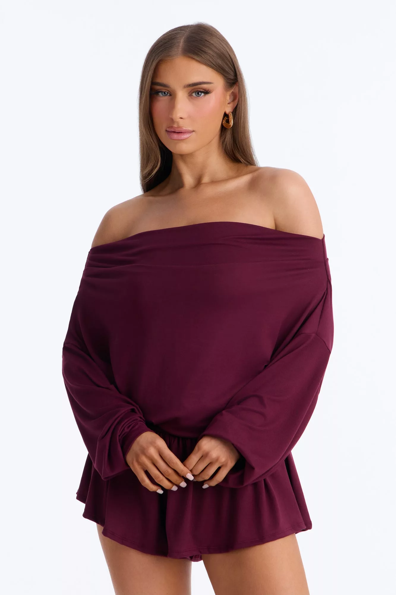 Amelia Off Shoulder Flowy Romper - Plum