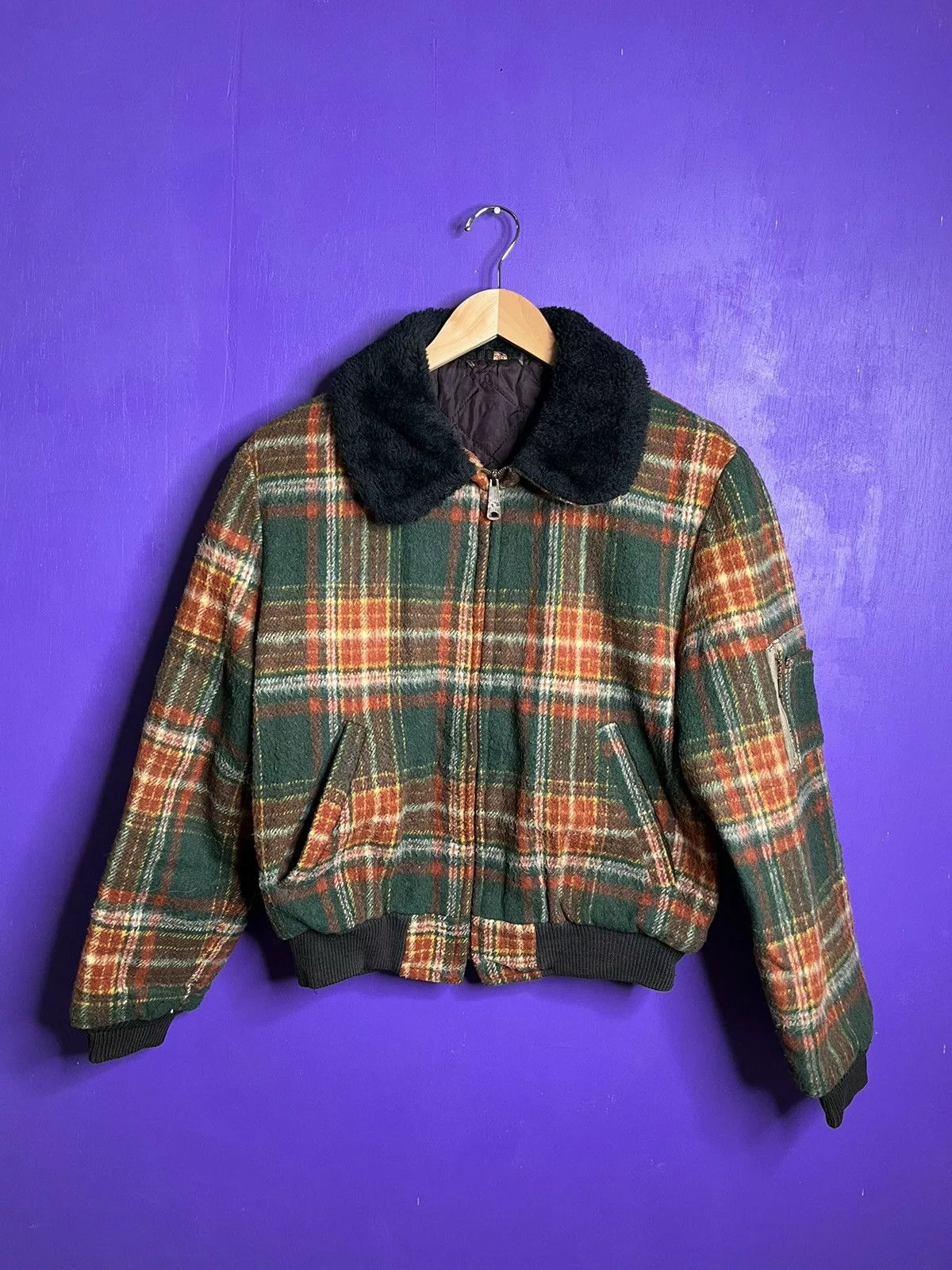 Vintage Bombers Vintage 70s Plaid fur collar airman’s jacket Multi