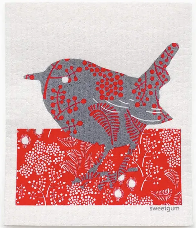 Red & Grey Wren Swedish Dishcloth