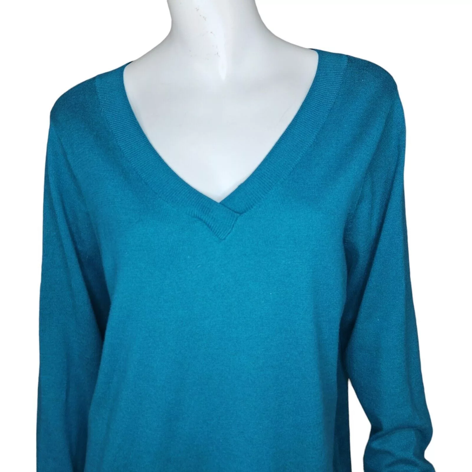 Denim & Co. Blouses Denim & Co. V-Neck Pullover Sweater Spruce BlueGreen Large