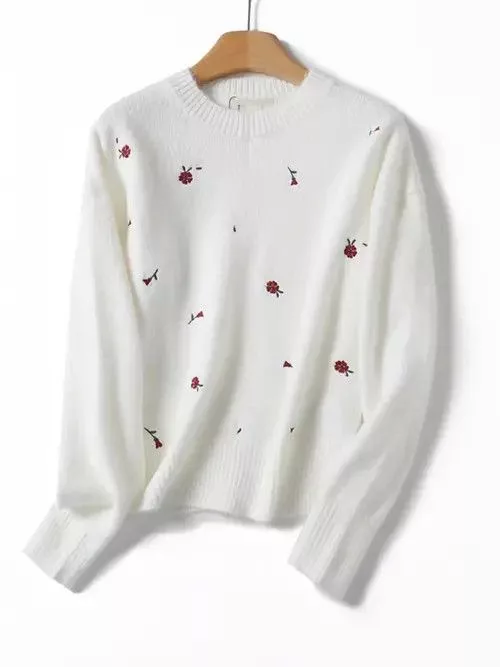 Japanese Brand Sweaters Japanese Brand White flower embroidered crew neck sweater Streetwear