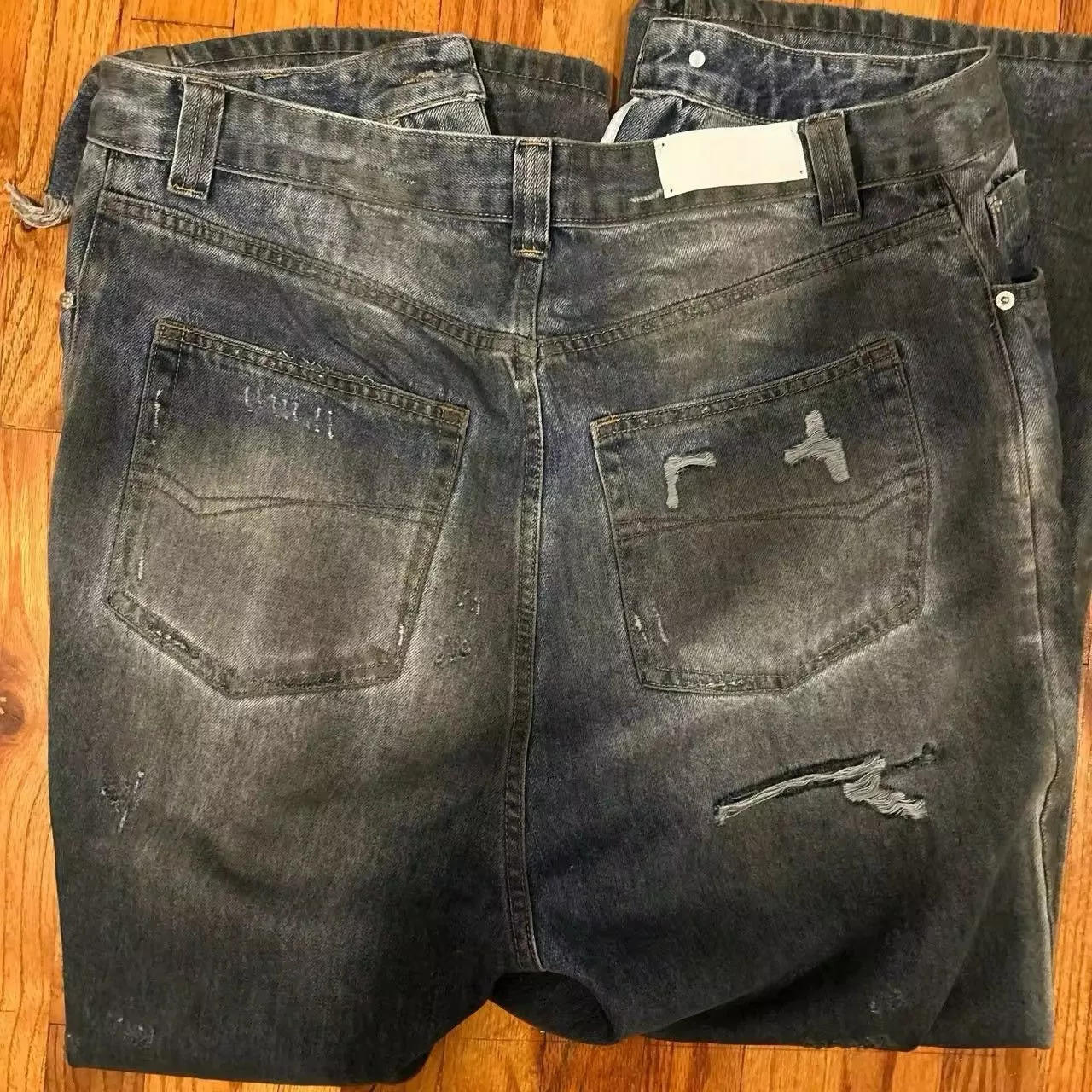Jean Denim Jean Frayed Distressed Hole Baggy Denim Blue