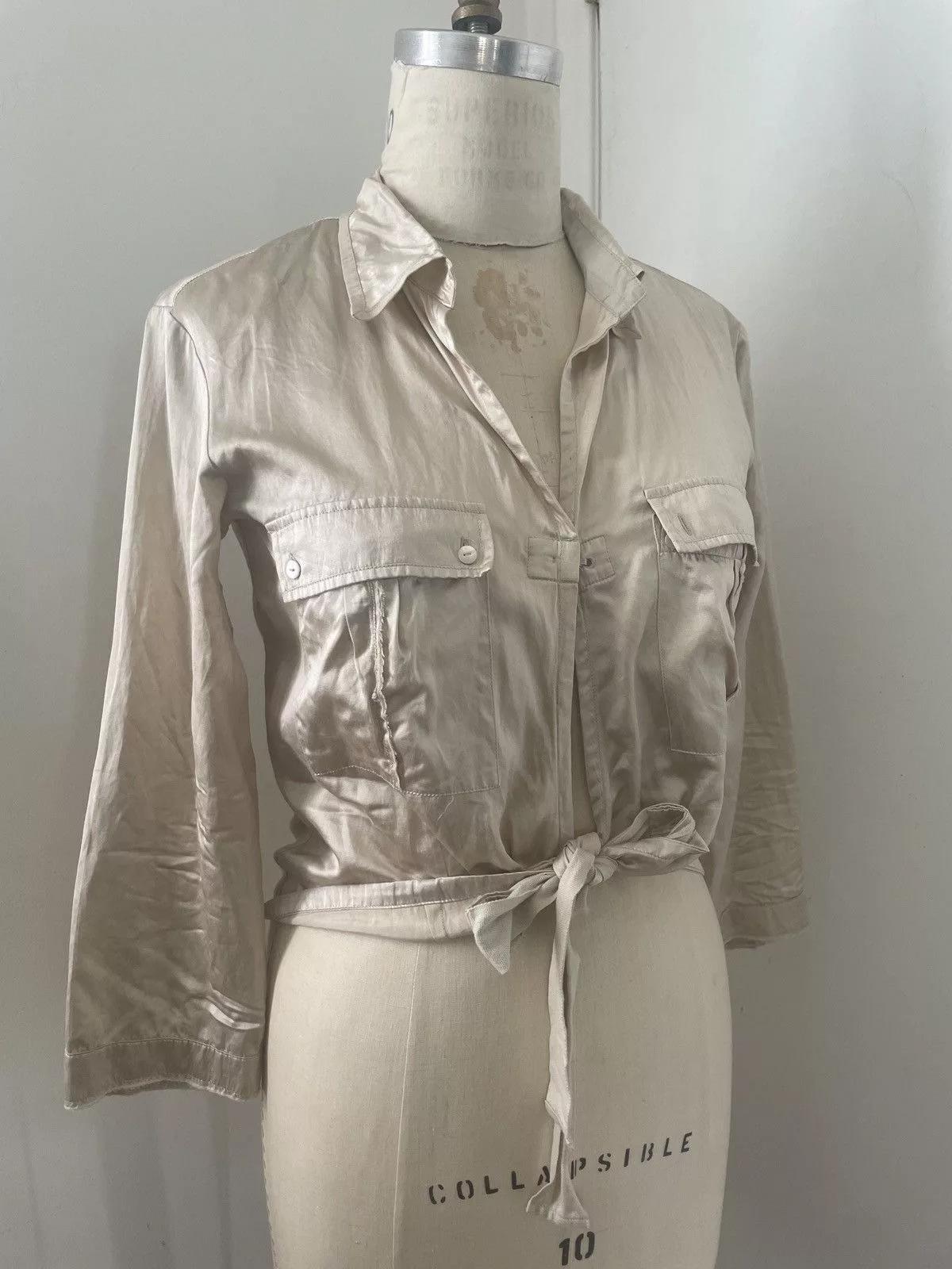 Marithe + Francois Girbaud Blouses Marithe + Francois Girbaud Marithe Girbaud tie front crop top blouse taupe silk cotton Beige