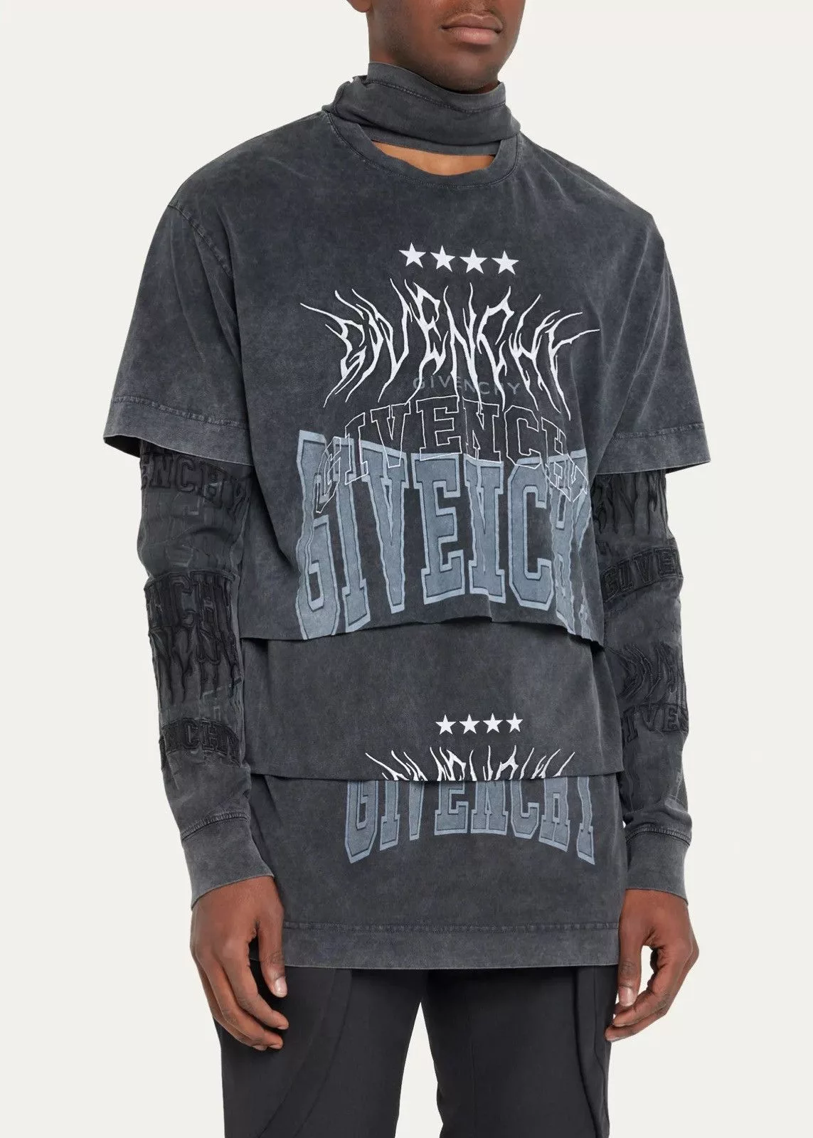 Givenchy Long Sleeve T Shirts 🔥$2.1K🔥Givenchy Layered Gothic Print Balaclava Longsleeve Black