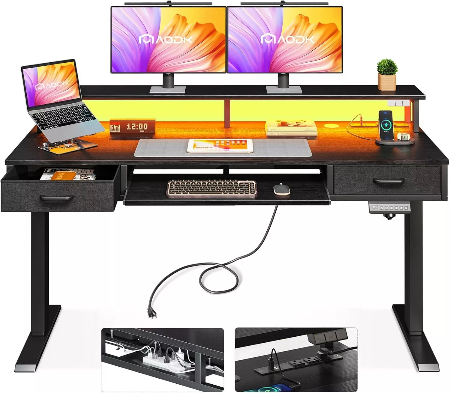 AODK Electric Standing Desk 55 in with Drawers Keyboard Tray Power Outlets and LED Lights