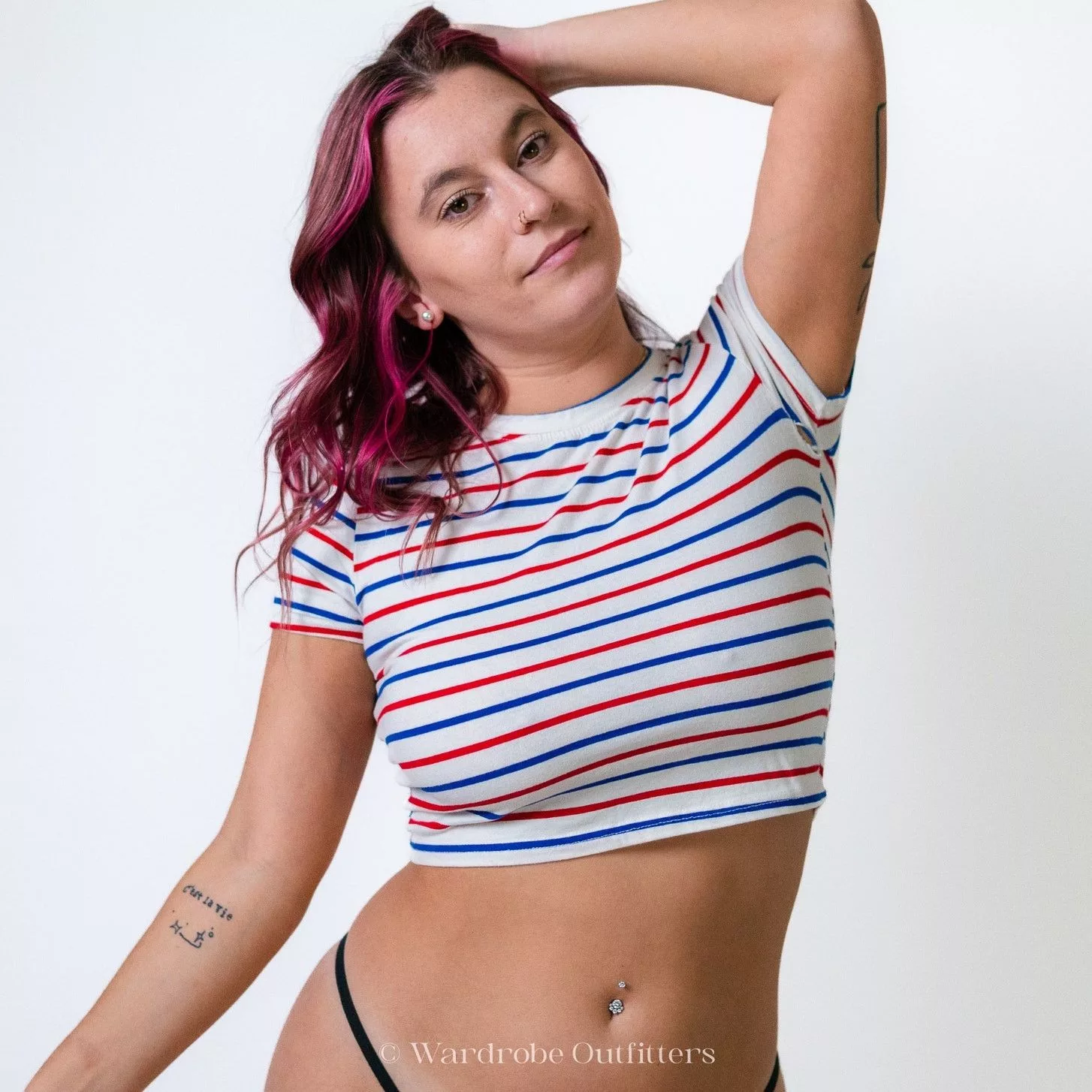 Designer Short Sleeve T Shirts Designer Red White & Blue Stripe Cropped Tee Shirt