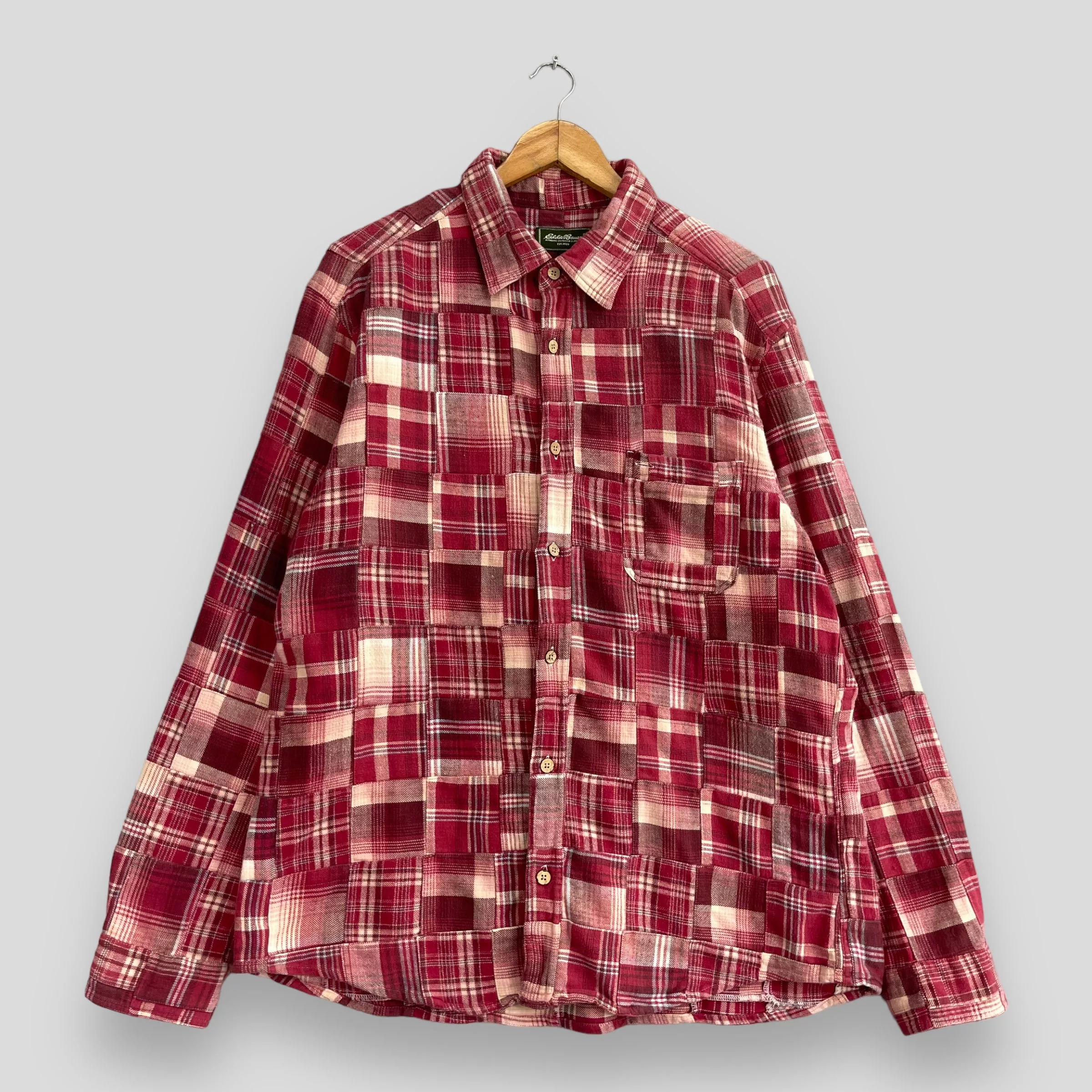 Eddie Bauer Shirts Button Ups Vintage EDDIE BAUER Patchwork Red Tartan Rebuild Flannel Streetwear