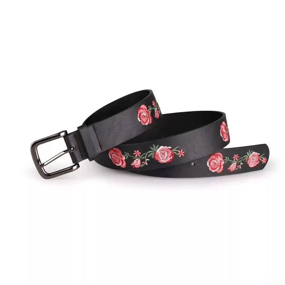 Leather Belts Leather Flora Rose Embroider Belt Black Streetwear