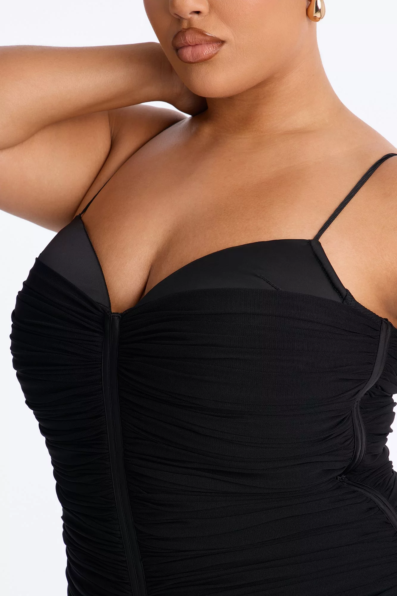 Ayla Ruched Mesh Bandage Midi Dress - Black