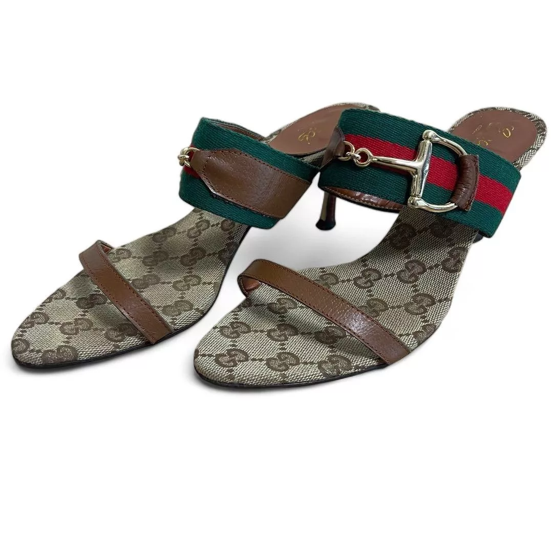 Gucci Heels Gucci - 38 1/2 Sherry Line Pumps Monogram Canvas Sandals Brown