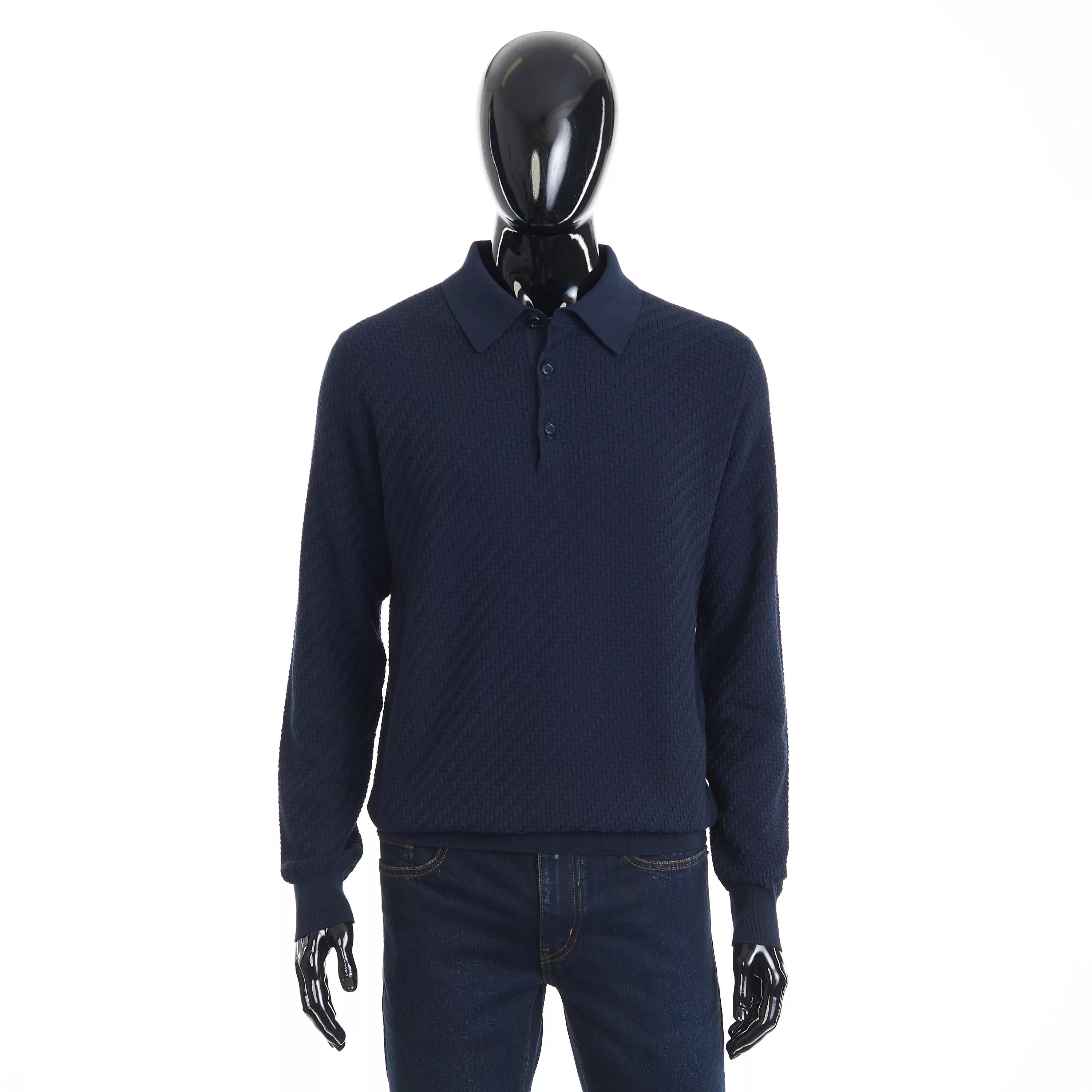 Brioni Sweaters Knitwear Brioni Navy Blue Cotton, Silk And Cashmere Trama Weave Polo Sweater
