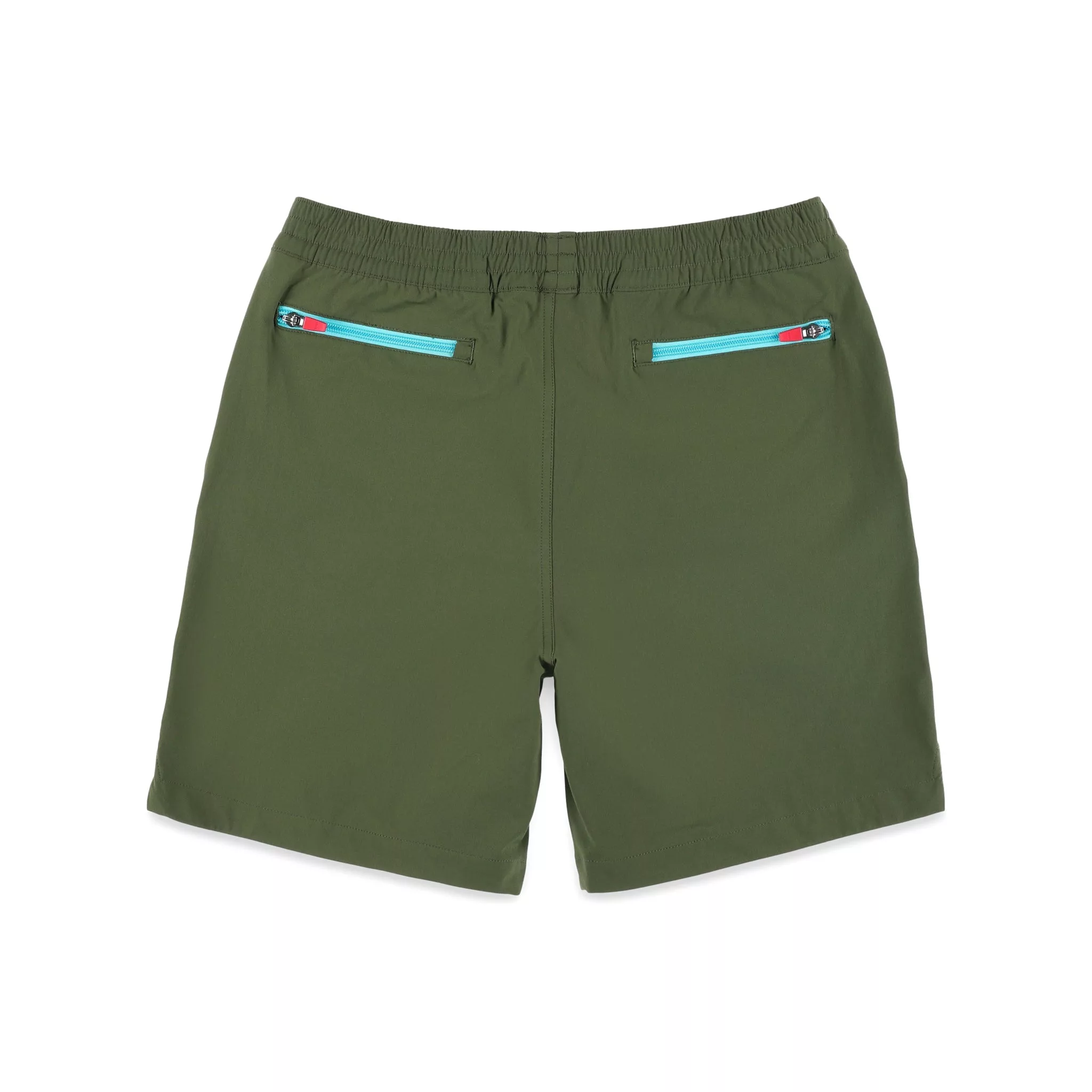 Back zipper pockets on Topo Designs Men's Global lightweight quick dry travel Shorts in Olive green.