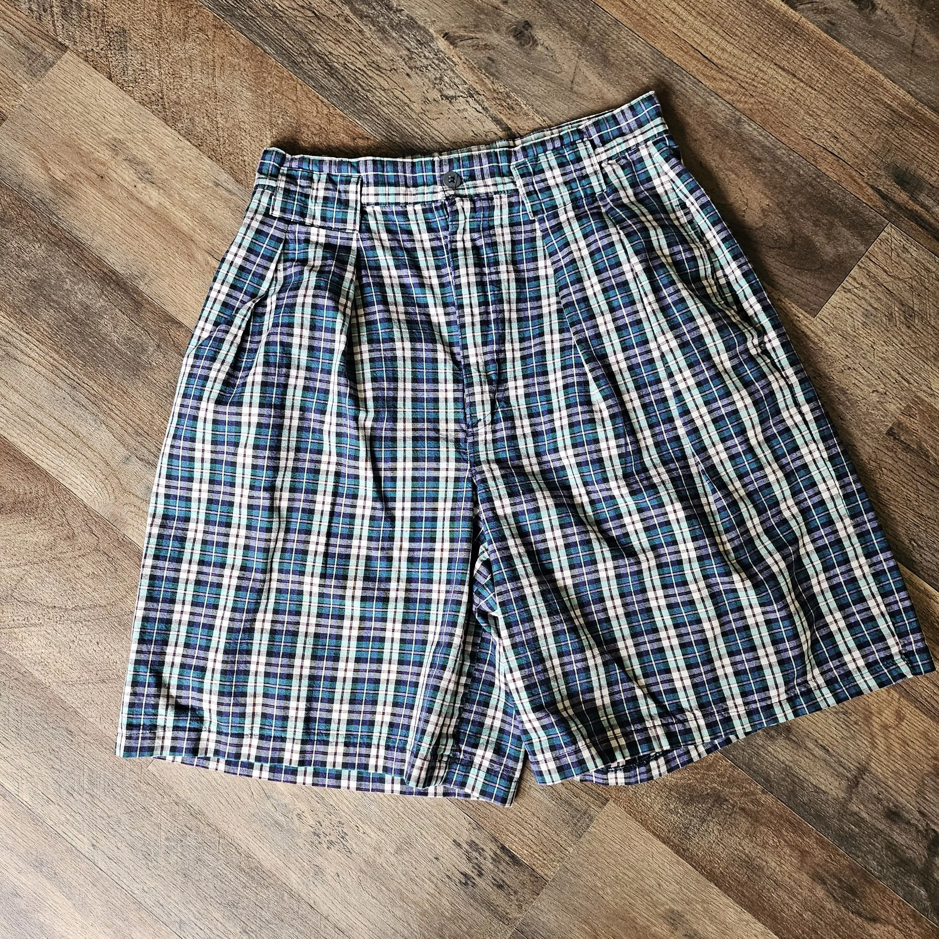 Vintage Shorts Palmetto's Vintage 80s Blue Green Plaid High Waisted Shorts