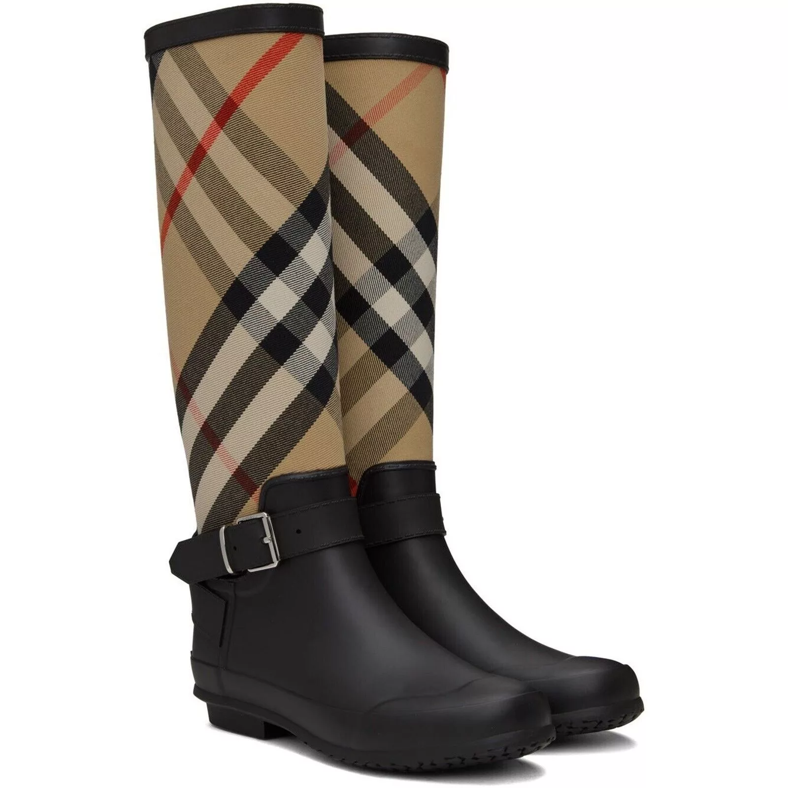 Burberry Boots Burberry SIMEON BLACK RUBBER BEIGE CHECK KNEE RAIN BOOTS US 11 EU 41