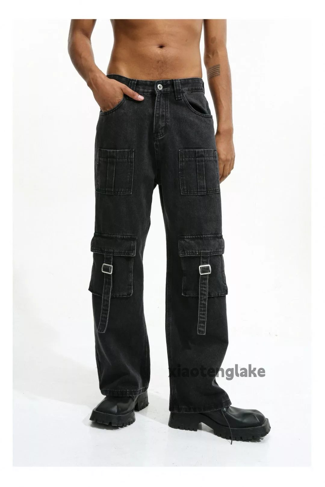 Jean Denim Jean × Vintage washed faded y2k skate hiphop pocket utility cargo jeans Black
