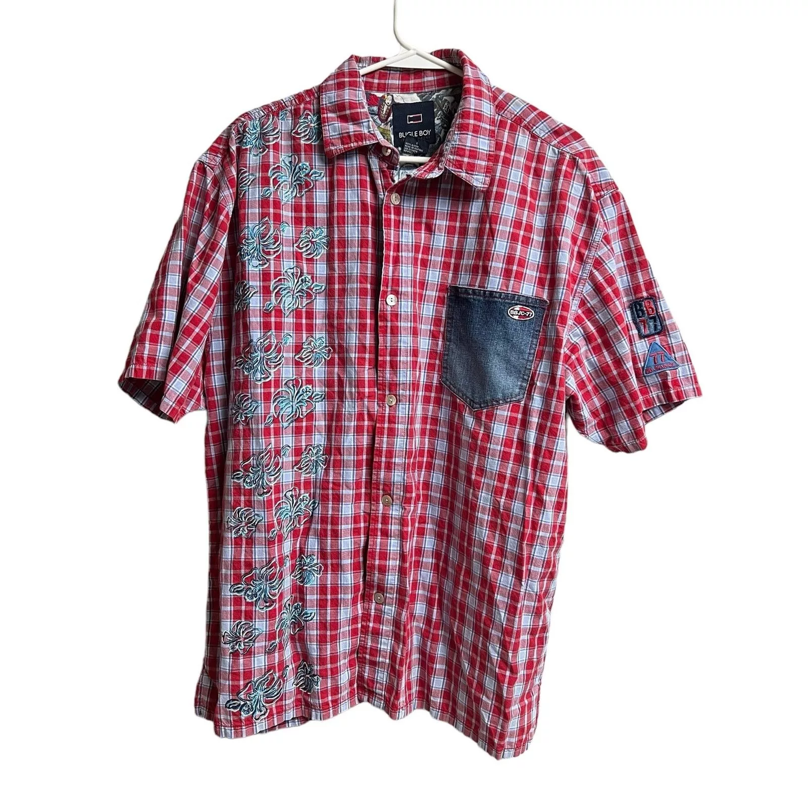 Bugle Boy Shirts Button Ups Bugle Boy Vintage Plaid Denim Pocket Hawaiian Flowers Shirt Red