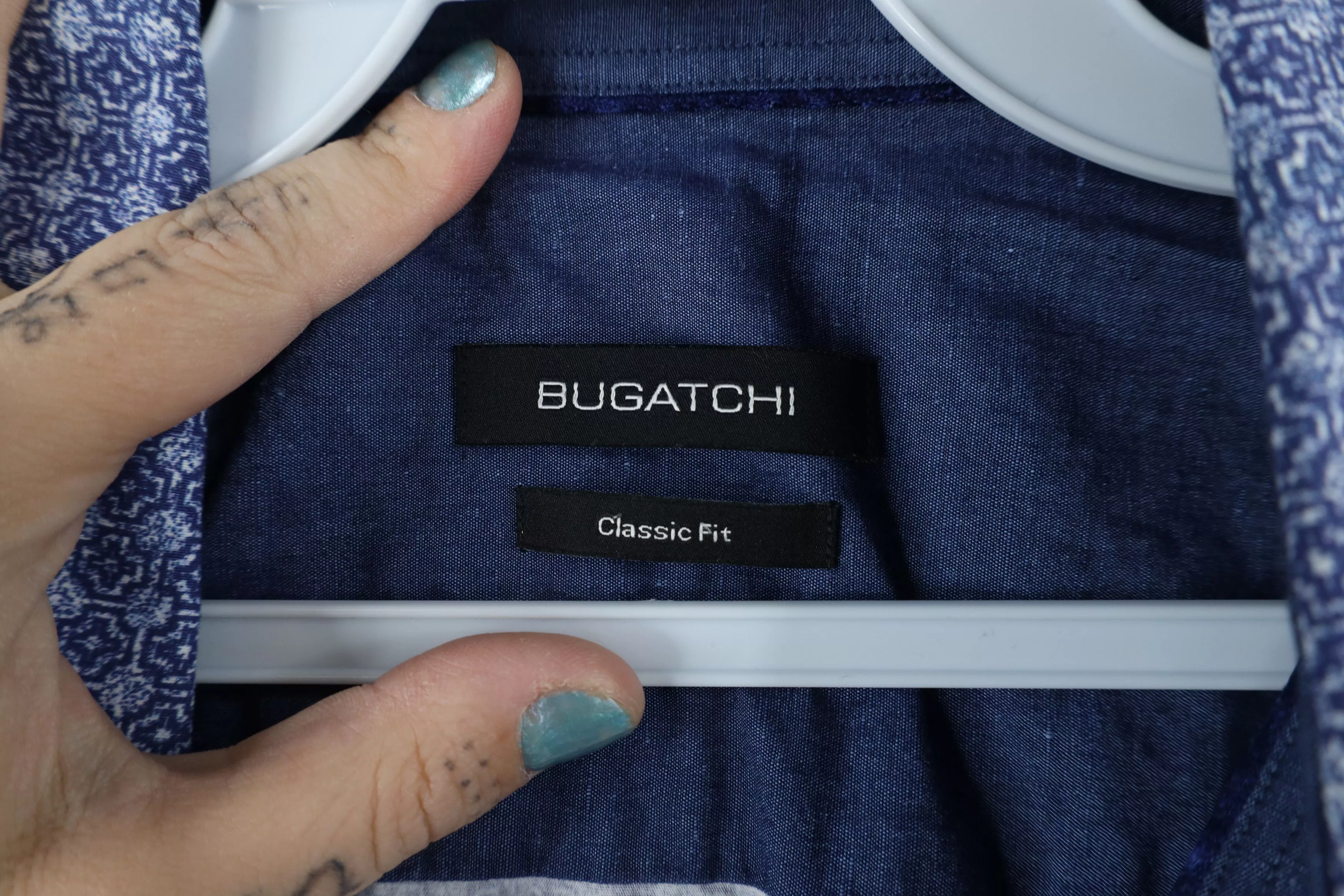 Vintage Shirts Button Ups Vintage Bugatchi Uomo Geometric Collared Button Shirt Blue Cotton