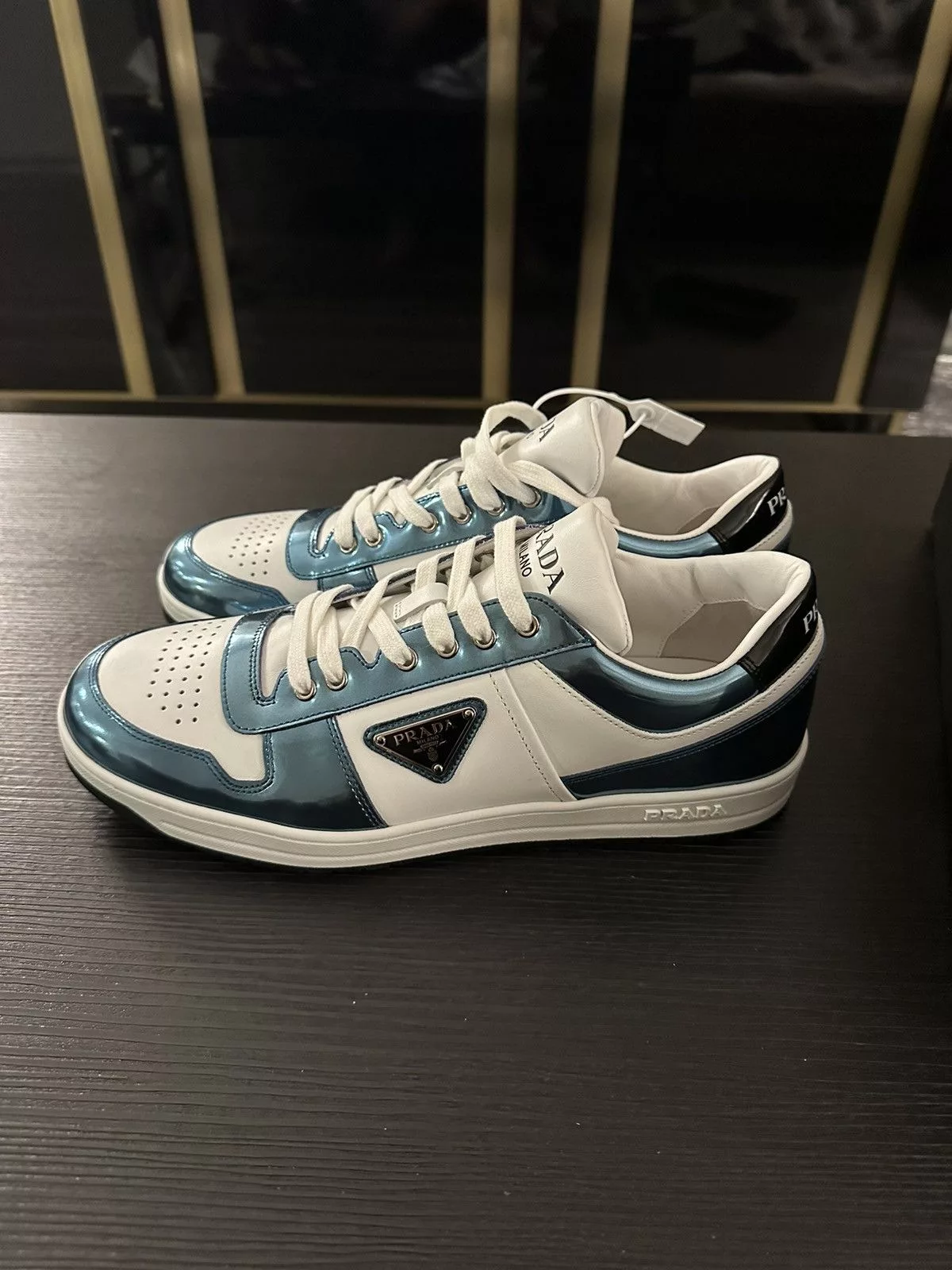 Prada Low Top Sneakers Prada Downtown Leather Sneakers Rare Metallic Blue! Size 9
