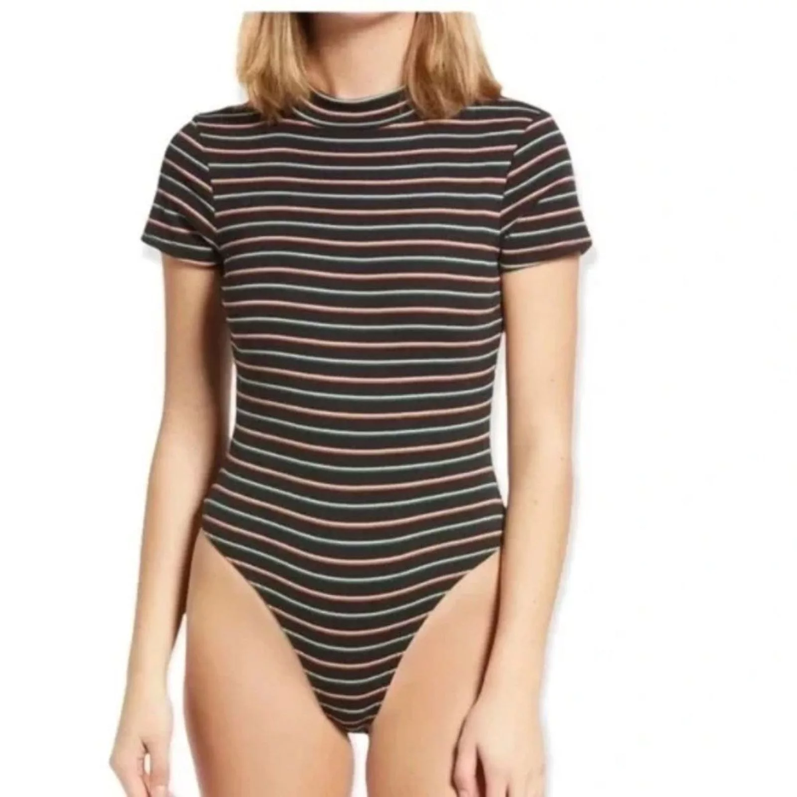 BP. Bodysuits BP. BP Nordstrom Dani Black Multi Stripe Mock Neck Knit Bodysuit