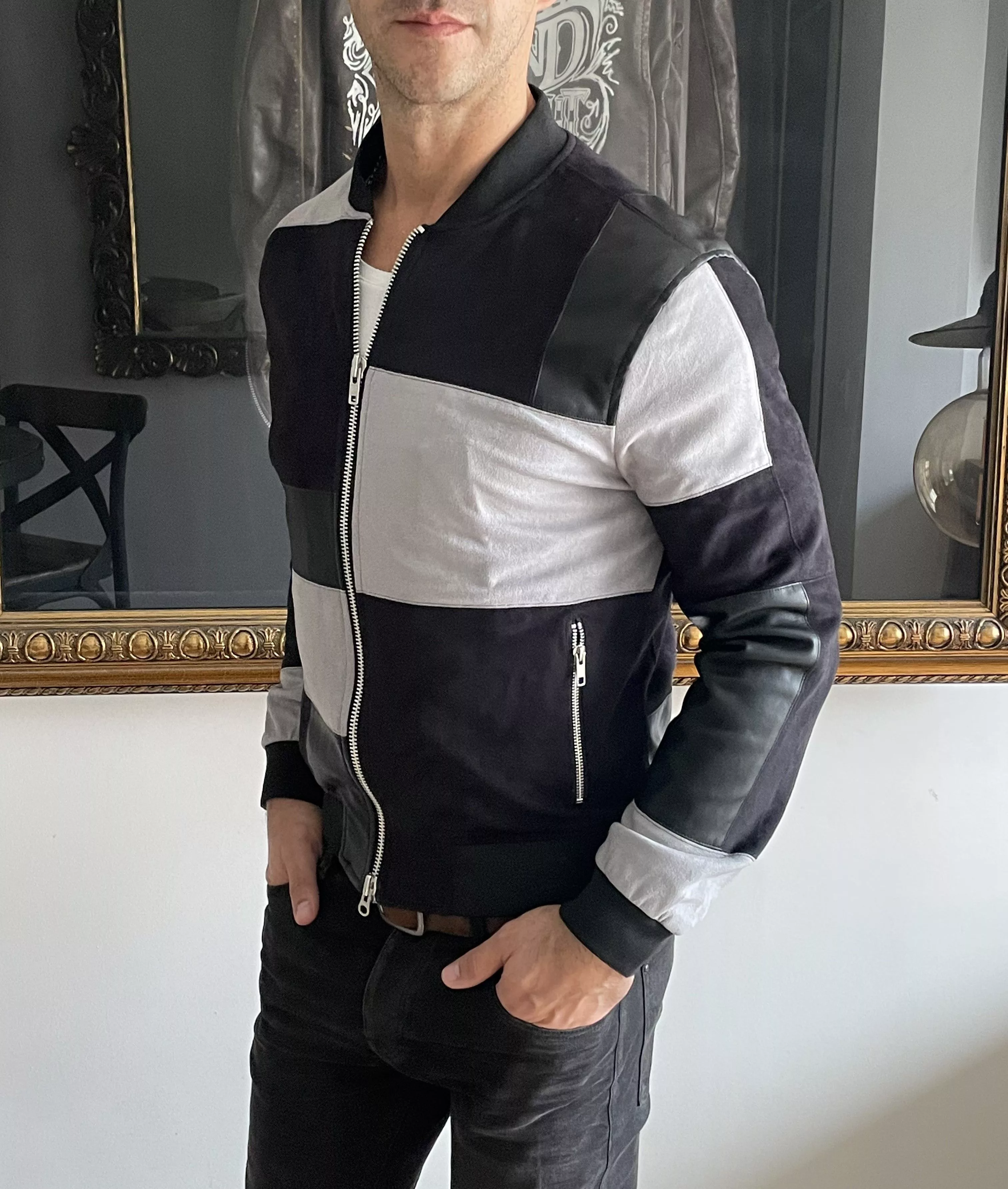 Other Leather Jackets Other Patchwork Leather Suede Black Grey Bomber Jacket Sandro