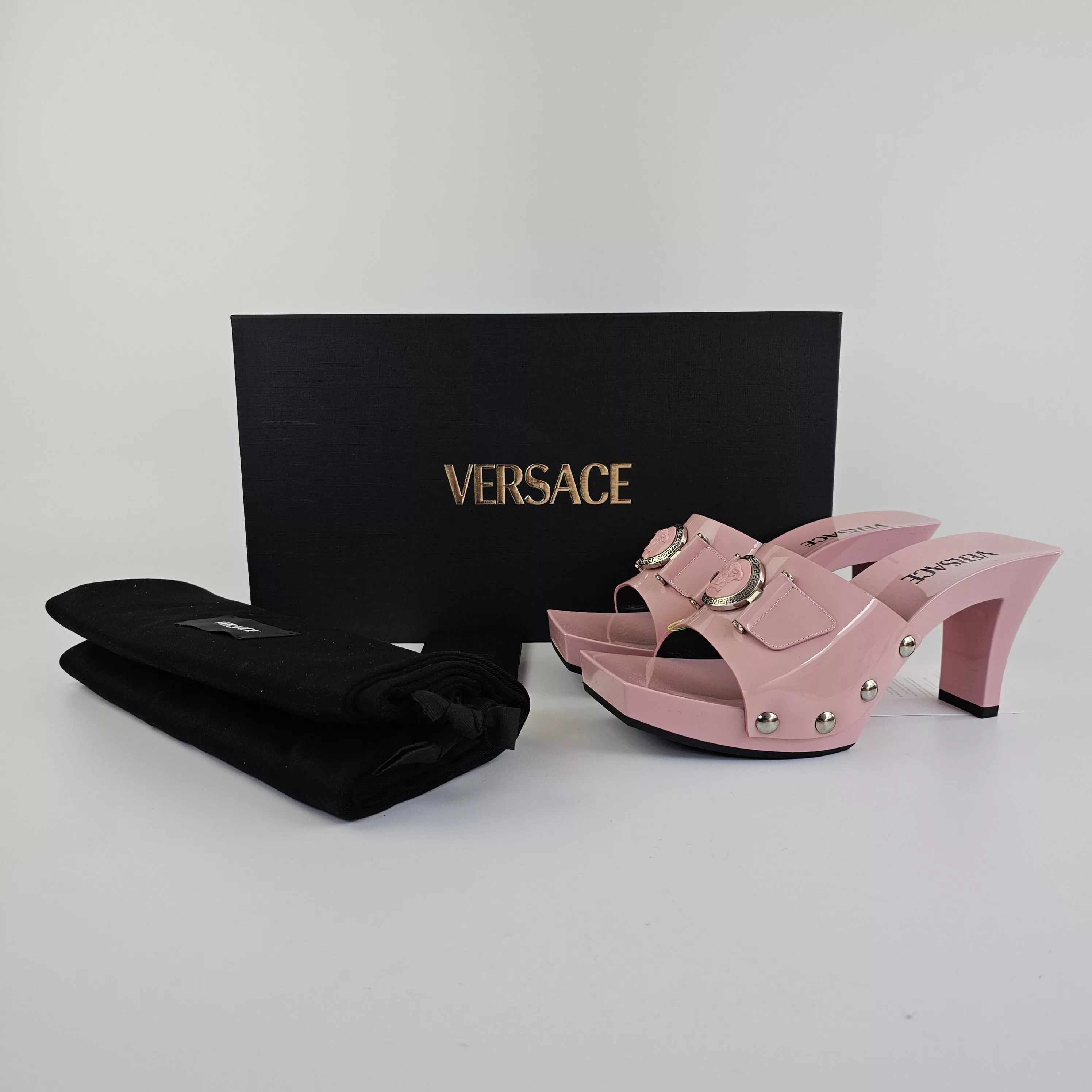 Versace Heels Versace Medusa Buckle Pink 60mm Patent Leather Mules New