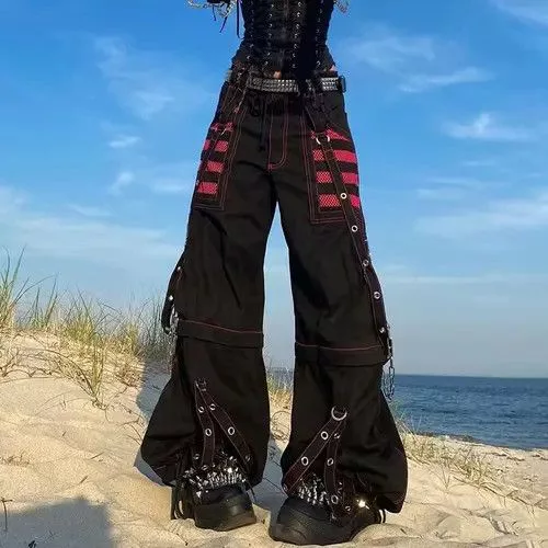 Jean Pants Jean Cargo Pants Bandage Women Vintage Dark Black Avant-Garde