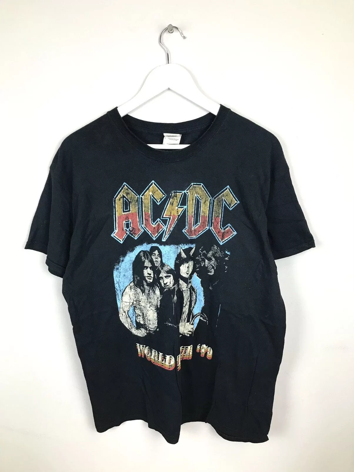 AC/DC Short Sleeve T Shirts AC/DC × Vintage Men’s 52/L,AC/DC World Tour 79 Black Big Logo Printed Tshirt Streetwear