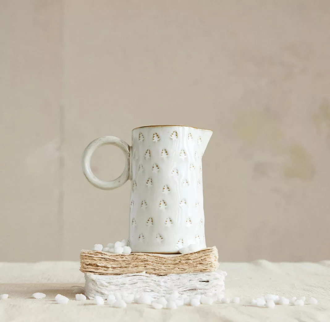 Stoneware Pitcher with Debossed Trees & Gold Details