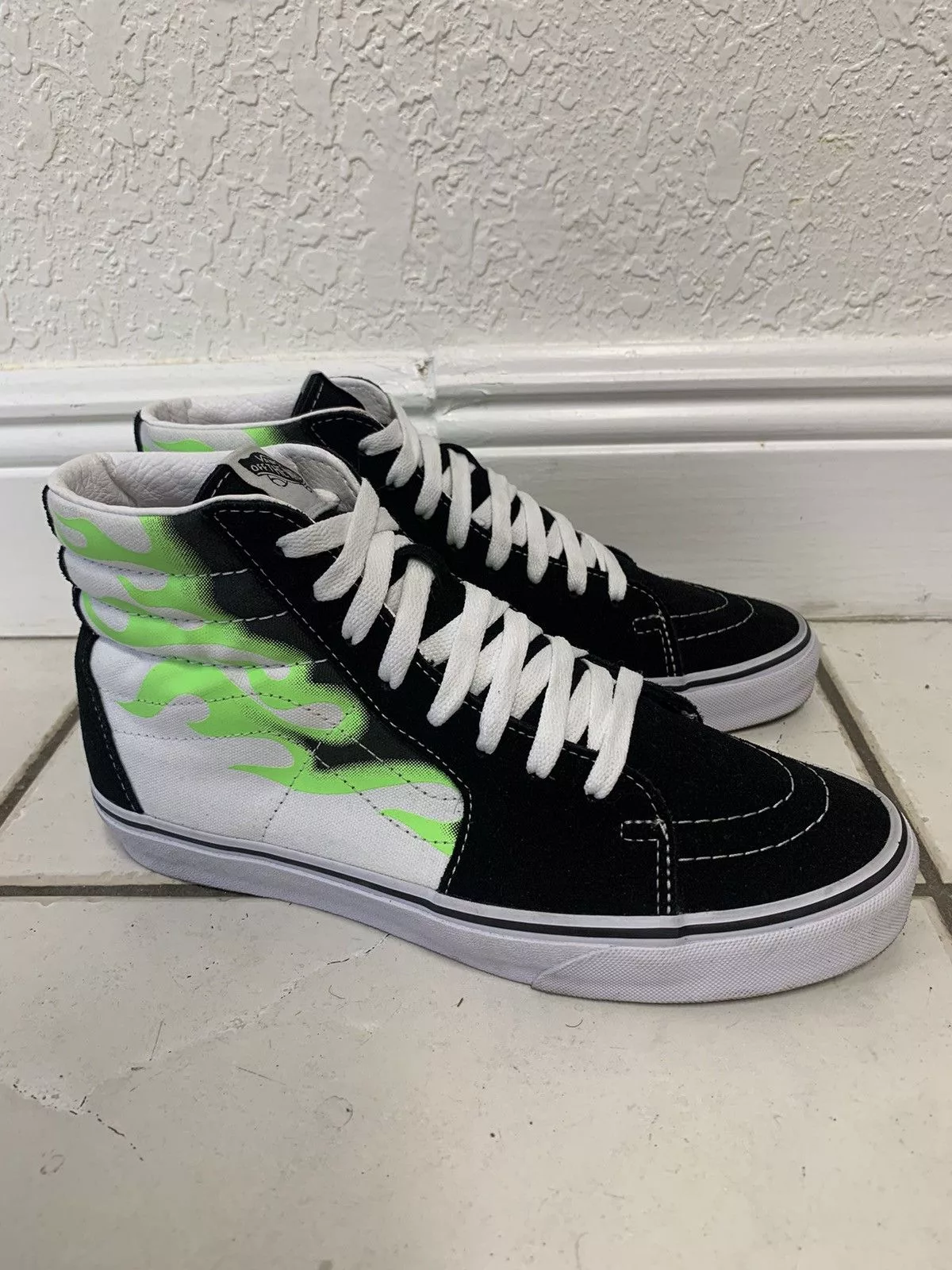 Vans Hi Top Sneakers Vans Sk8-Hi Flame Black True White Neon Green Shoes