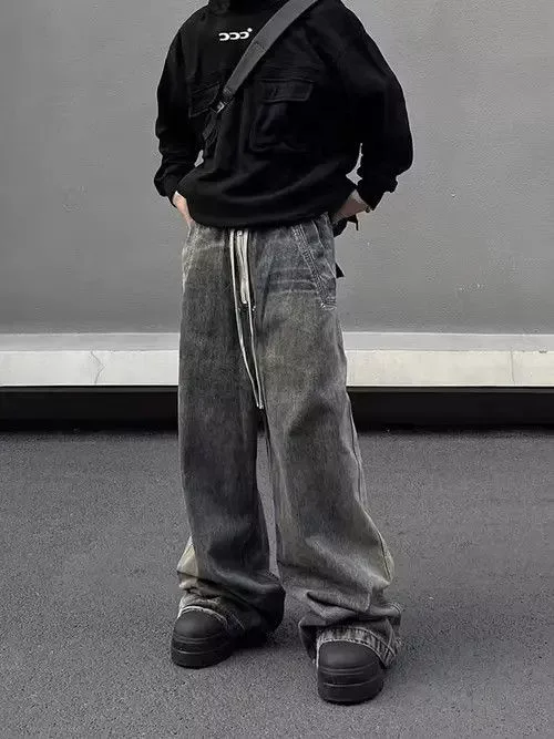 Japanese Brand Denim Japanese Brand × Jean Retro wash gradient drawstring work wide leg jeans Blue Streetwear