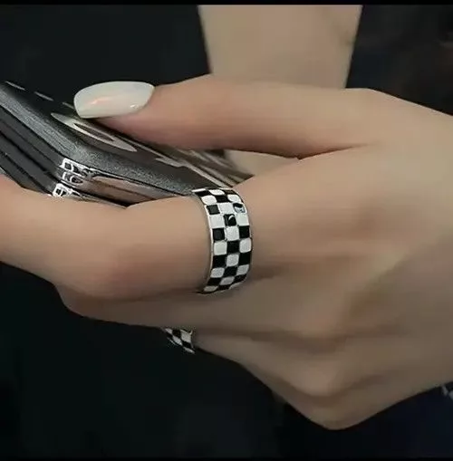 Jewelry Rings Jewelry Unique Black and White Grid Pattern Adjustable Ring Silver Streetwear