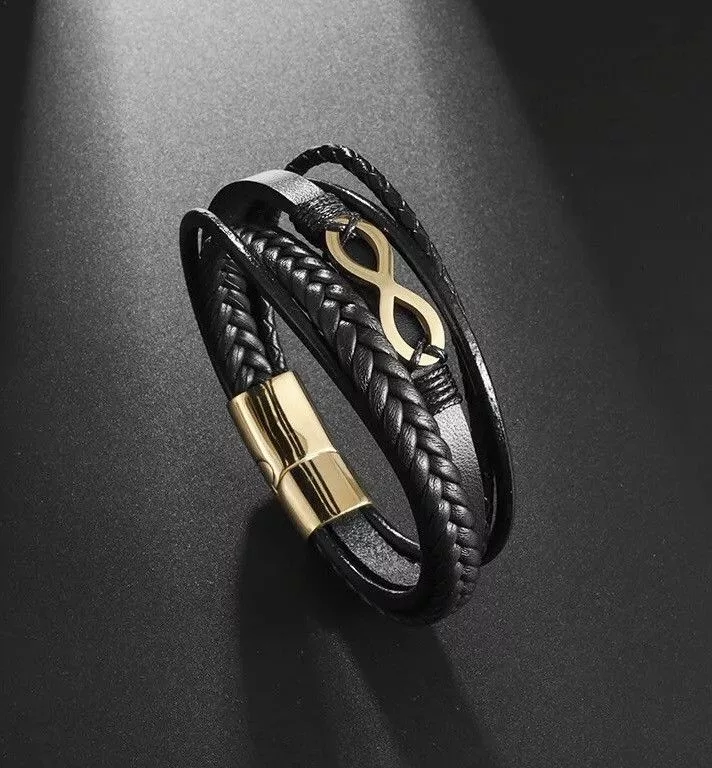 Leather Jewelry Watches Leather × Vintage Retro Multilayered Leather Bracelet Black Streetwear