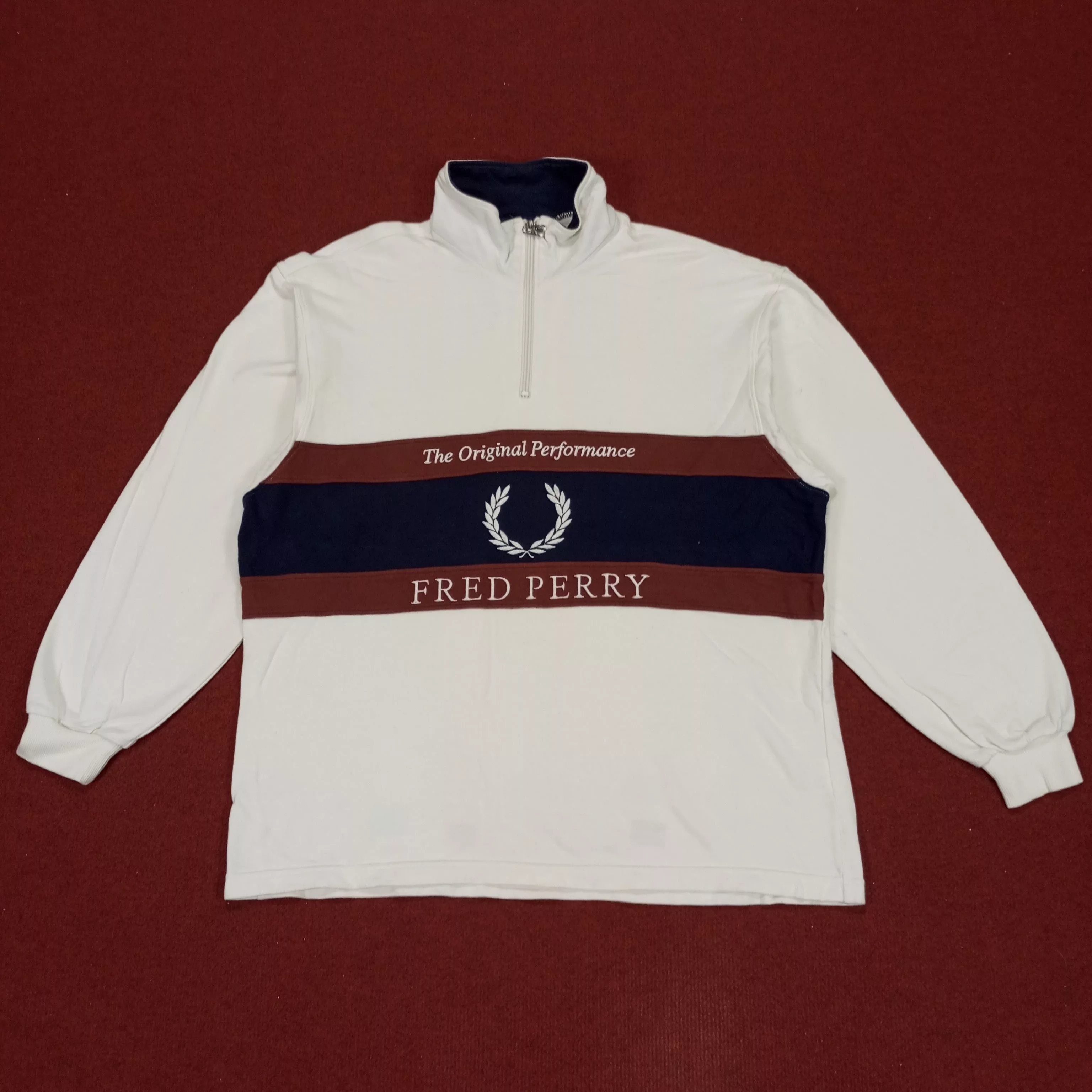 Fred Perry Sweatshirts Hoodies Fred Perry × Vintage Fred Perry Logo Spellout Design Half Zipper Sweatshirt White