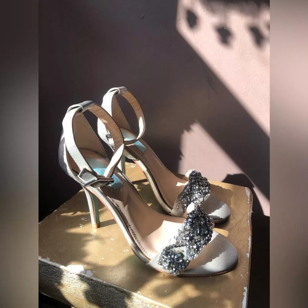 Designer Heels Designer Strap heels pumps. Silver with pearls and stones.