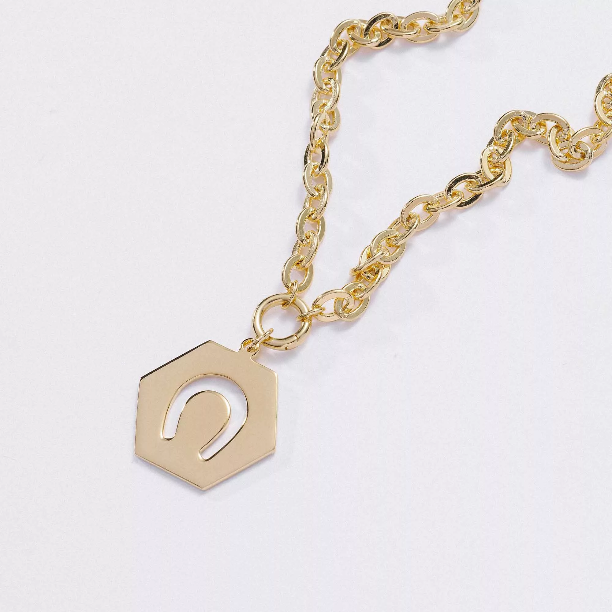 &LIVY Luck in Motion Expandable Necklace in gold flat lay featuring hexagonal Luck in Motion charm with horseshoe cutout design on classic rolo intention chain