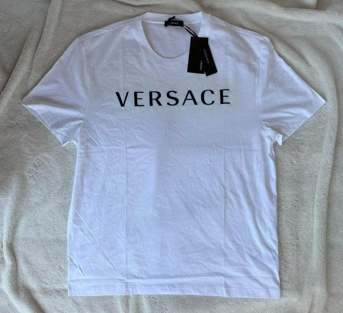 Versace Short Sleeve T Shirts Versace White/Black Spellout Tee Shirt