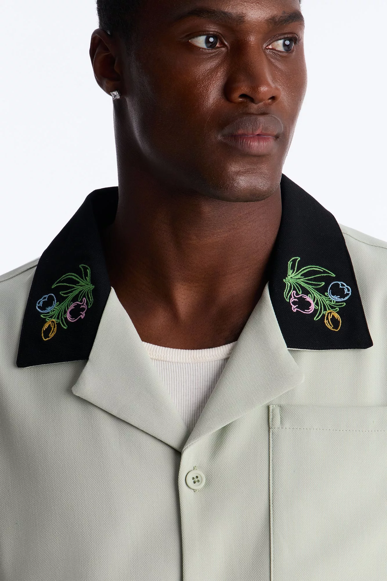 Botanical Embroidered Cuban Collar Button Up Shirt - Mint