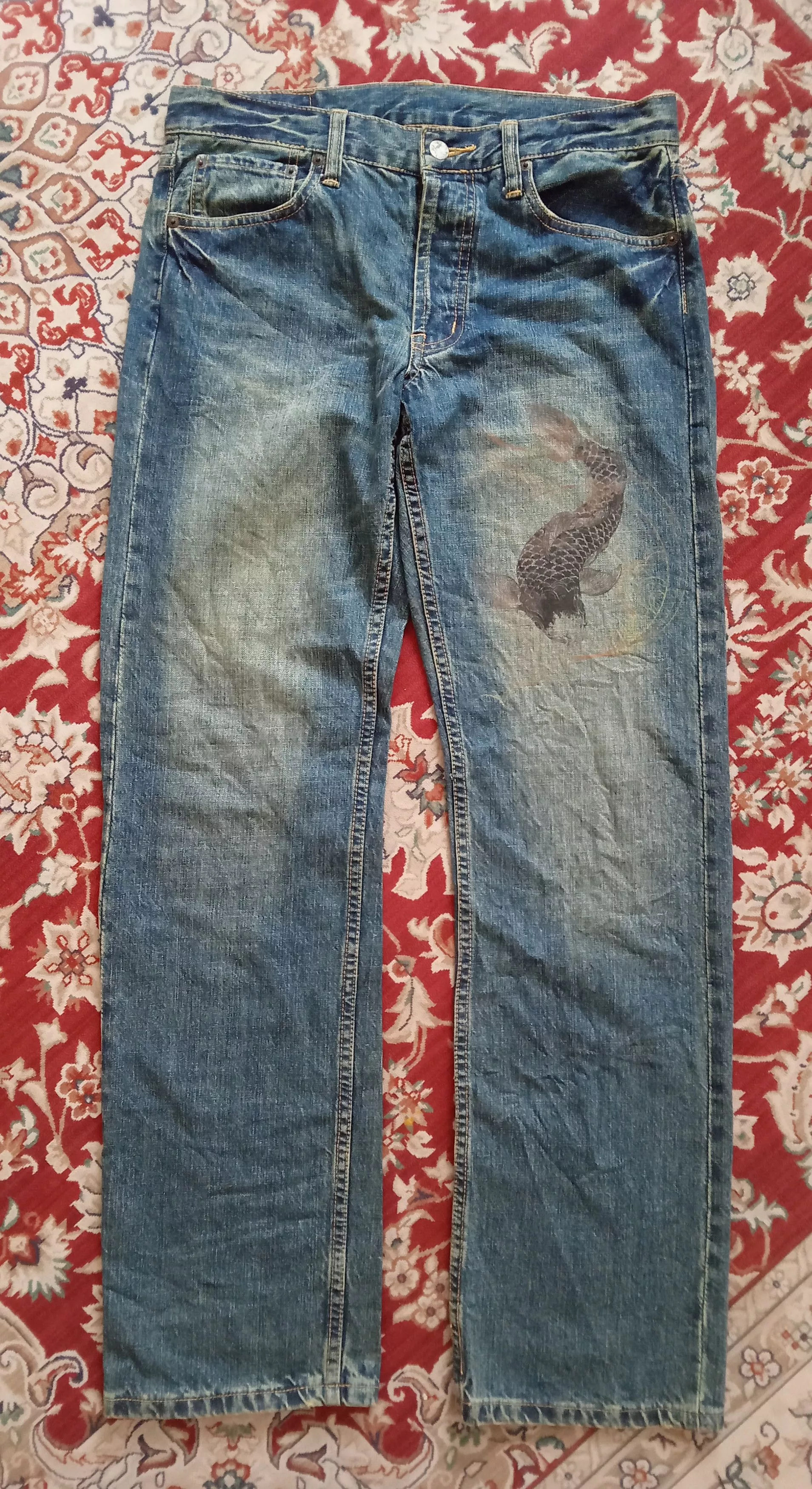 Takeo Kikuchi Denim Takeo Kikuchi Koi Fish Print Distressed Jeans Blue