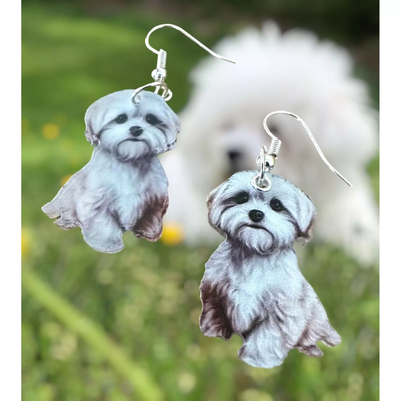 Handmade Earrings Handmade Bichon Frise Earrings New Dangle Hooks Double Sided Fluffy W White Vintage