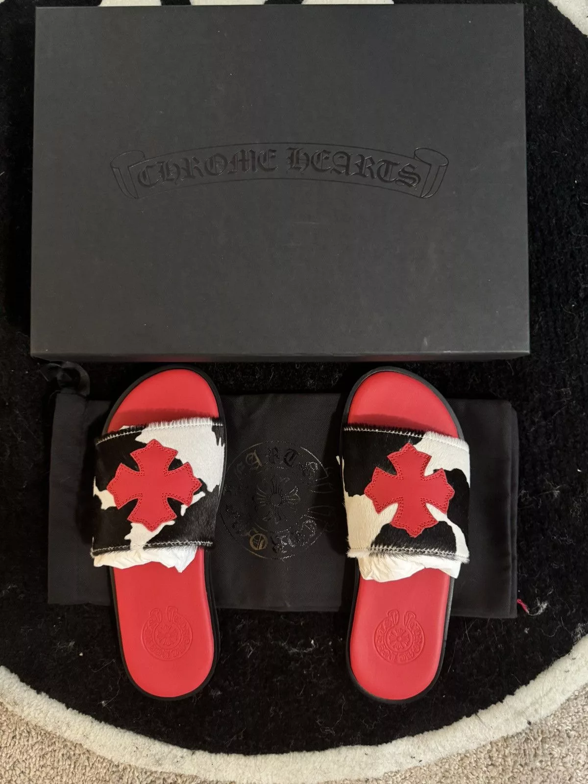 Chrome Hearts Slip Ons chrome hearts red cow patch slide